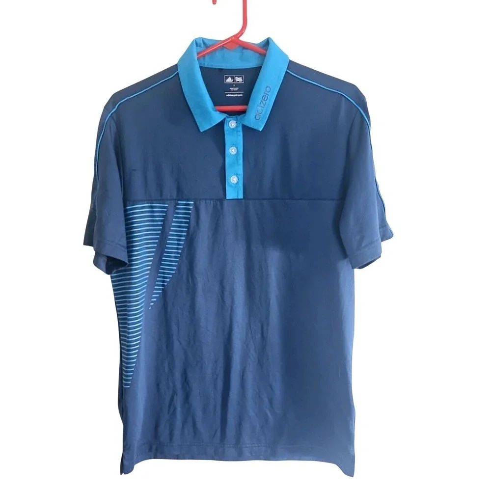 Adidas Adizero Golf Polo Shirt Mens Small Navy Blue Light Blue Striped Graphic‎